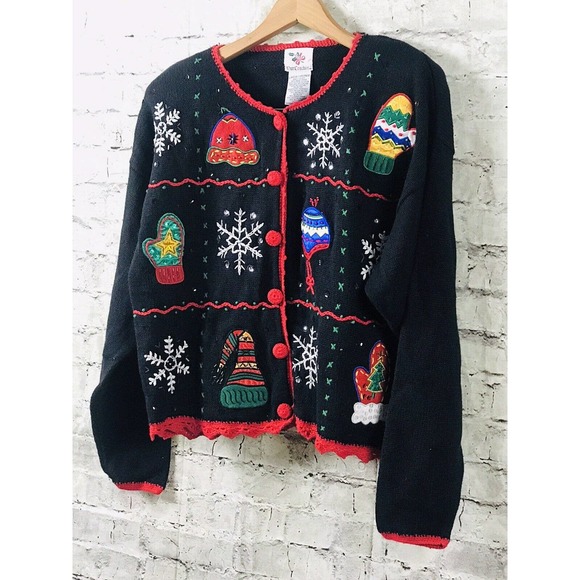 NUT CRACKER UGLY CHRISTMAS MITTENS HATS BLING ELEGANT Holiday SWEATER SZ L - Picture 1 of 12